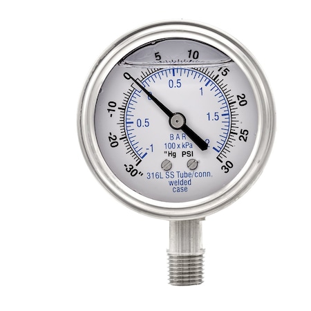 Pro 2 1/2 in Dial, 30 in Hg Vac/0/30 PSI & Bar, 1/4 in NPT, Lower Mount Glycerin Filled Pressure Gauge PRO-301L-254CC-01